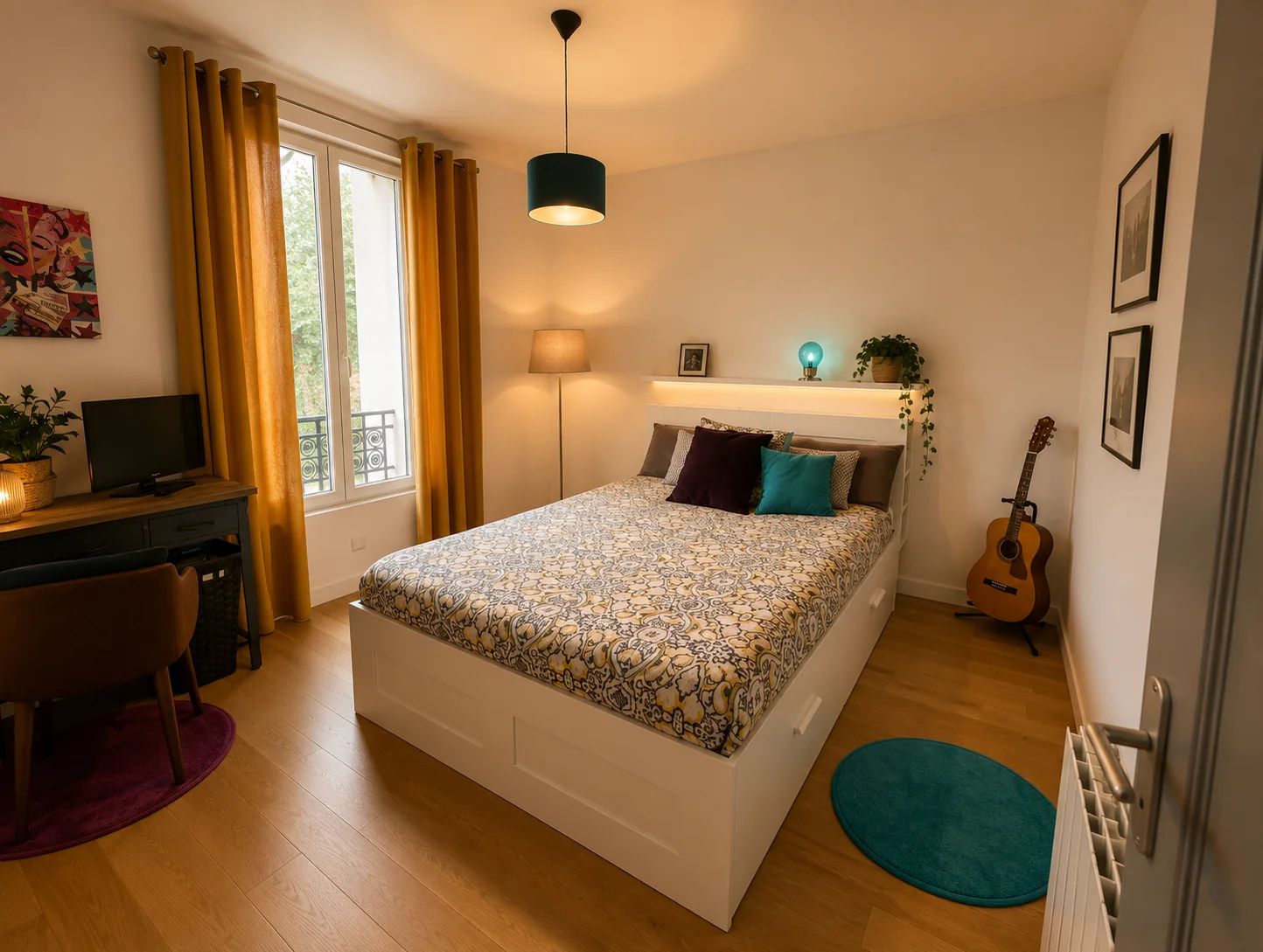 Chambre lumineuse avec espace bureau