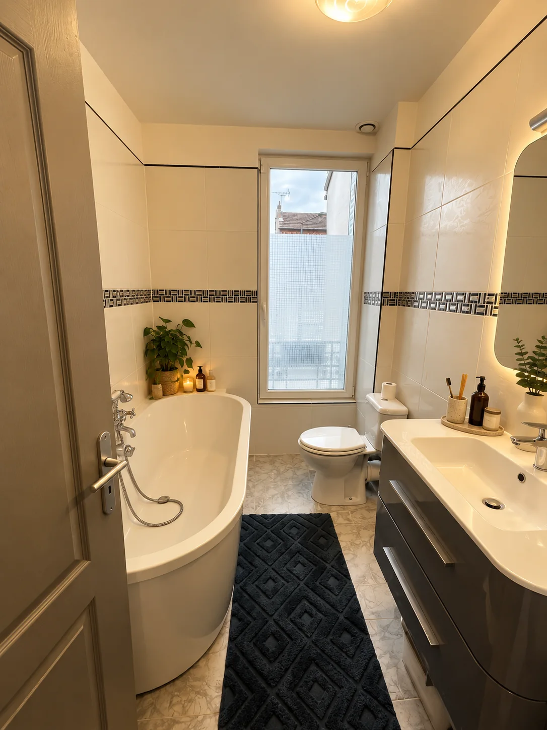 Salle de bains familiale avec baignoire et double vasque